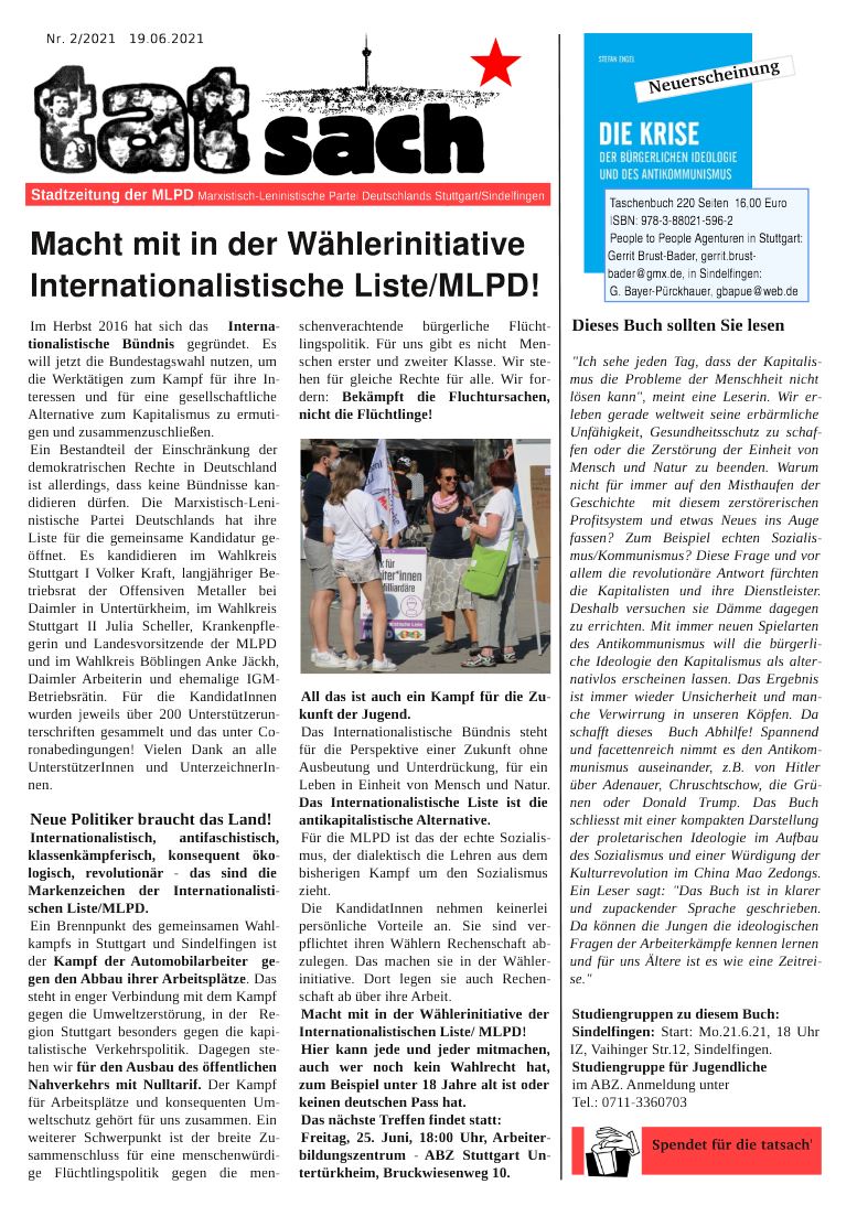 "Tatsach" 2/2021 - Stadtzeitung der MLPD Stuttgart/Sindelfingen