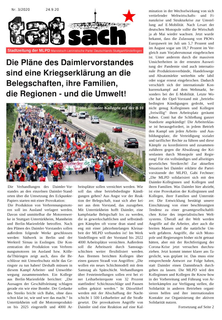 "Tatsach" 3/2020 - Stadtzeitung der MLPD Stuttgart/Sindelfingen