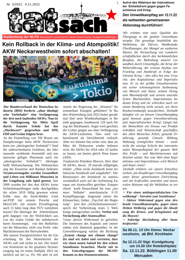 "Tatsach" 3/2022 - Stadtzeitung der MLPD Stuttgart/Sindelfingen